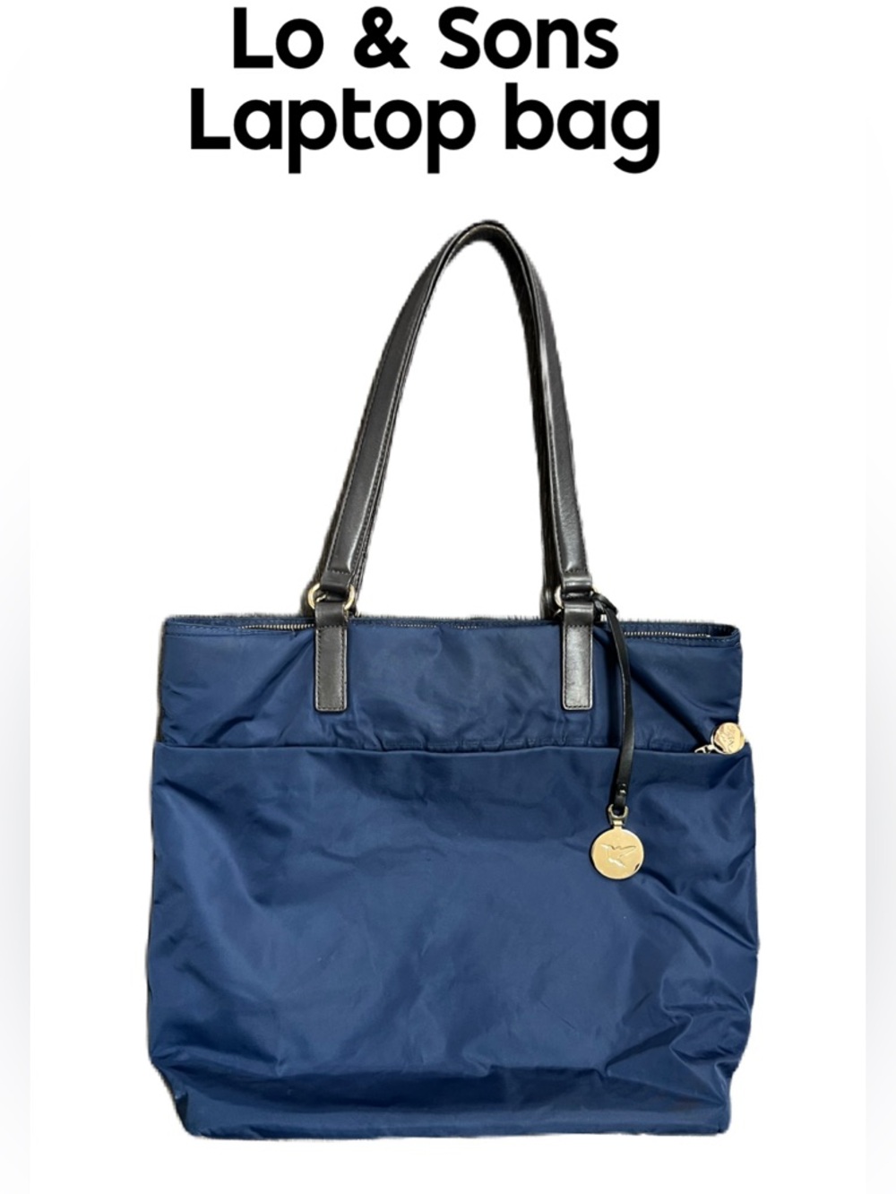 Lo & Sons Navy laptop Tote with Brown Handles and Gold hummingbird Charm